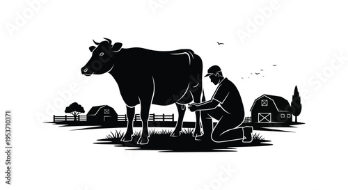 A farmer milking a cow in a rural landscape featuring trees a barn and birds silhouette high quality professional detailed modern