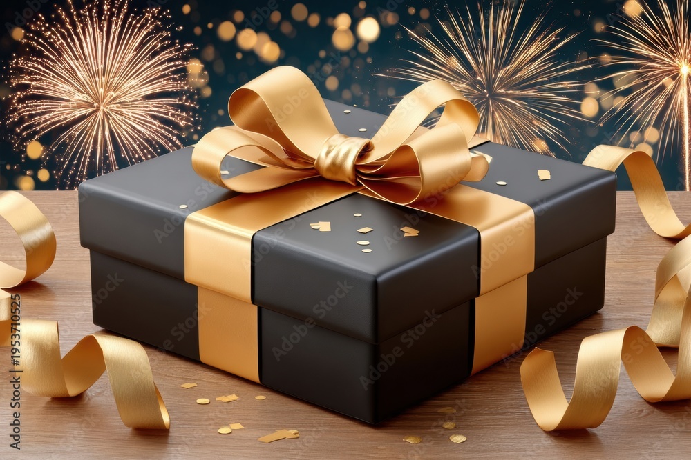 Fototapeta premium Elegant black gift box with gold ribbon and bow against festive fireworks background
