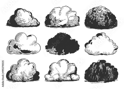 Collection of Nine Vintage Black and White Cloud Illustrations