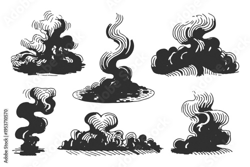 Collection of Six Stylized Black Smoke Puffs in Vintage Engraving Style