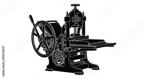 Detailed illustration of an antique printing press showcasing its mechanical components in a striking silhouette high quality professional detailed modern elegant