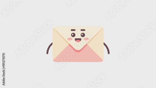 Smiling envelope with rosy cheeks and arms happy mail concept on gray background