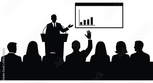 A business presentation is underway featuring a speaker and audience in a stark black silhouette high quality professional detailed modern elegant