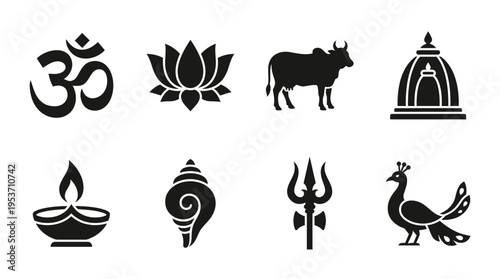 Hindu Culture & Symbolism Vector Icon Set – Sacred Vectors Featuring Om Symbols, Lotuses, Cows, Temples, Diyas, Conch Shells, Tridents, and Peacocks