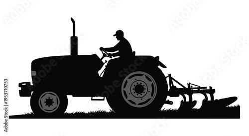 A black silhouette of a farmer operating a classic tractor in a field showcasing rural life silhouette high quality professional detailed