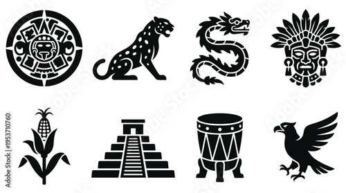 Mesoamerican Culture & Mythology Vector Icon Set – Bold Vectors Featuring Calendars, Jaguars, Serpents, Masks, Temples, Corn, Drums, and Eagles