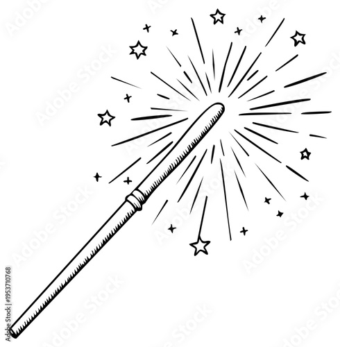 A Sketchy Magical Wand Emitting a Burst of Stars and Light Rays Hand-Drawn for Storytelling and Fantasy Concepts