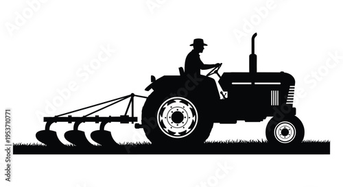 A stark black silhouette depicts a farmer driving a vintage tractor with attached plow through a field silhouette high quality professional