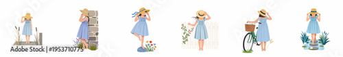 Flat illustration collection of a little girl in a blue dress and straw hat enjoying various summer outdoor activities and nature scenes.