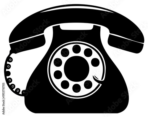 Classic black silhouette of a vintage rotary telephone with a dial and handset for communication concepts