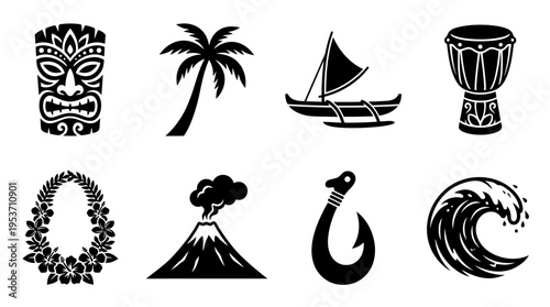 Polynesian Island Life & Culture Vector Icon Set – Dynamic Vectors Featuring Tiki Masks, Palm Trees, Canoes, Volcanoes, Leis, Drums, Fish Hooks, and Waves