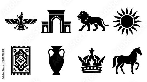 Persian Culture & Ancient Empire Vector Icon Set – Elegant Vectors Featuring Faravahar, Lions, Arches, Rugs, Vases, Crowns, Horses, and Sun Symbols