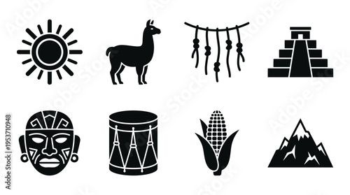 Incan & Andean Culture Vector Icon Set – Historic Vectors Featuring Suns, Llamas, Quipus, Temples, Masks, Corn, Drums, and Mountain Peaks