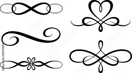 Collection of black calligraphic flourishes and decorative ornaments white background