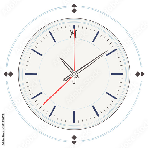 Modern minimalist clock face with Roman numeral hour markers, surrounded by diamond-shaped decorations.