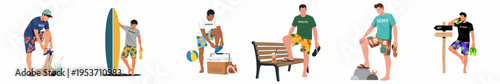Collection of various men in summer beachwear outfits with accessories like surfboards and coolers, isolated on a white background.