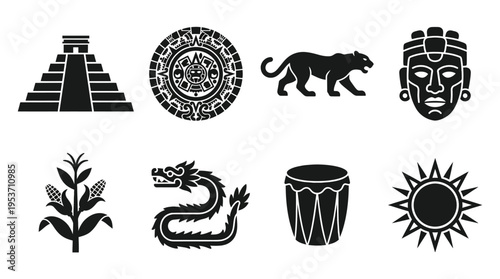 Mesoamerican Civilization & Mythology Vector Icon Set – Powerful Vectors Featuring Temples, Calendars, Jaguars, Masks, Corn, Drums, Mountains, and Serpents