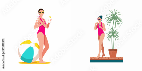 Flat vector illustration of women in pink swimsuits applying sunscreen for skin protection during summer vacation at the beach and pool.