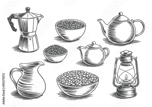 Vintage Coffee and Tea Set with Lantern and Coffee Beans Illustration