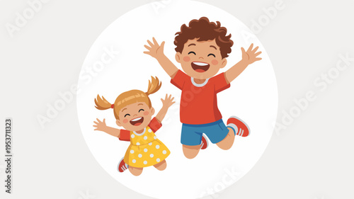 Two happy children jumping in air with arms outstretched smiling faces casual clothes white background
