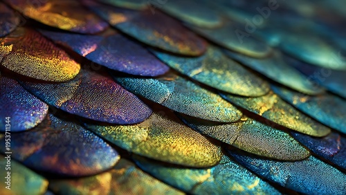 Iridescent fish scales in macro with vibrant colors and layered pattern ideal for luxury texture and nature inspired design