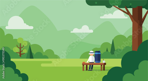 A person sits on a bench in a natural landscape, with tree and clouds