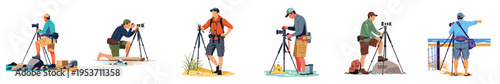 Flat vector illustration set of landscape photographers in various outdoor locations using cameras on tripods to capture nature and scenic views.