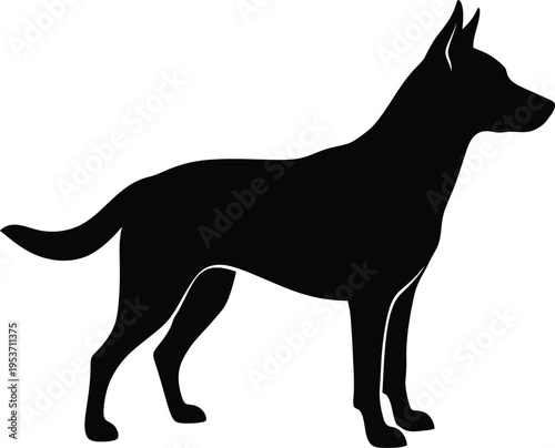 Black silhouette of a standing dog isolated on white