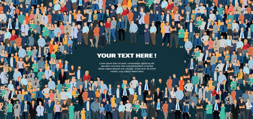 Une illustration moderne et colorée représentant une foule diverse réunie autour d’un espace central, idéale pour illustrer la communauté, la diversité et la communication visuelle