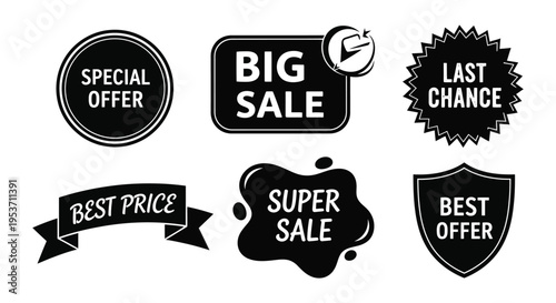 A collection of black sale banners and labels with promotional text offering special deals and discounts silhouette high quality professional