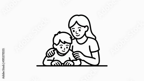 Mother helping son with homework at table education and learning concept family support