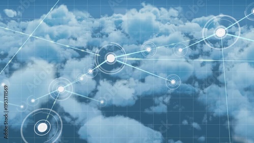 Animation of network of connections over networks of united moving clouds