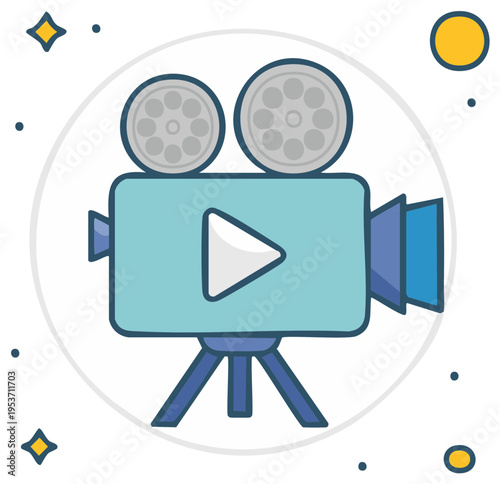 Retro movie camera icon with film reels and play button symbol