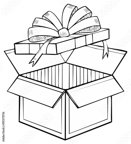 Hand drawn sketch of an empty open gift box with a big ribbon bow on the lid coloring page illustration
