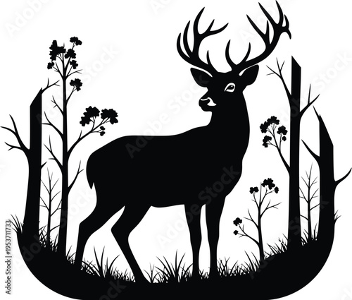 Majestic Stag Silhouette in Serene Forest Landscape