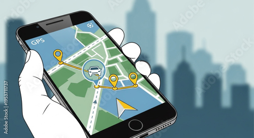 Hand holding smartphone displaying GPS navigation app with map.