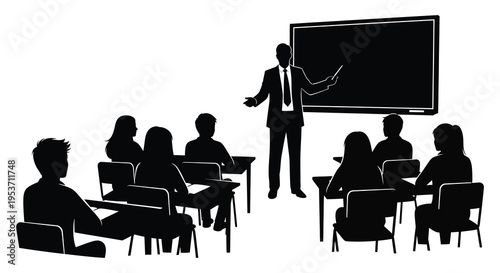 A black silhouette depicts a teacher lecturing to a classroom full of students emphasizing educational settings silhouette high quality professional detailed