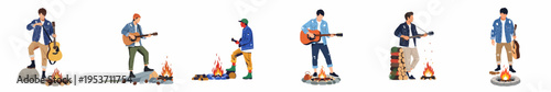 Flat illustration set of young men playing acoustic guitars and relaxing by a campfire in various outdoor camping scenes.
