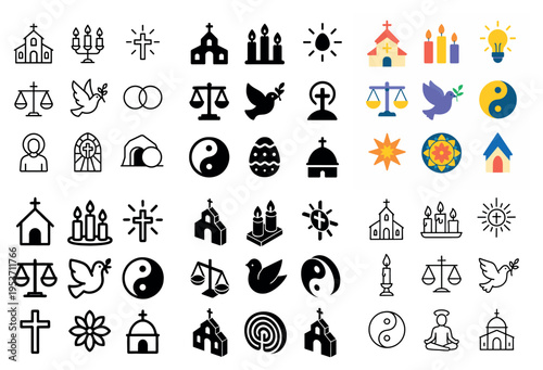 Religion icons with church dove candle flat
