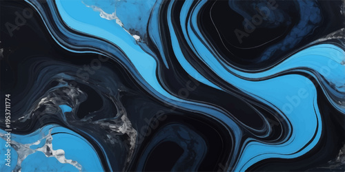 Artistic 3d illustration of an abstract blue paint background with wavy liquid water drops and metallic silver swirls creating a textured flow pattern