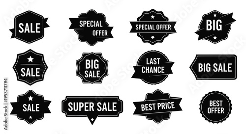 A collection of black sale banners and labels with promotional text against a white background silhouette high quality professional detailed modern