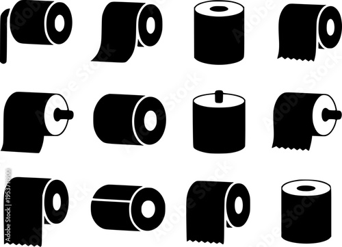 Collection of black toilet paper roll in various orientations and styles a white background