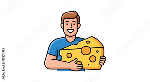 A cheerfully illustrated man presents a large slice of swiss cheese with bold outlines and vibrant colors silhouette high quality professional