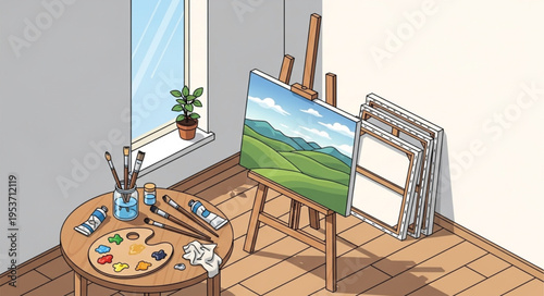 Artists Corner - Easel Displaying Landscape Painting in a Bright Room.