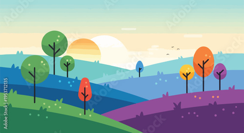 A stylized landscape with trees and rolling hills during sunset