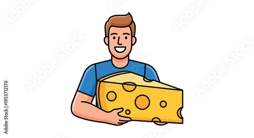 A cheerful man in blue holds a large yellow wedge of swiss cheese a playful cartoon illustration silhouette high quality professional