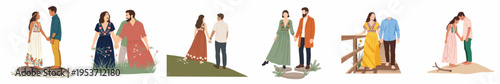 Collection of six minimalist flat illustrations depicting romantic couples in boho-style clothing holding hands and sharing intimate moments in various outdoor natural settings.