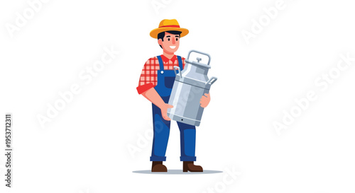 A cheerful farmer stands with a milk can wearing a hat and overalls showcasing a distinct silhouette high quality professional detailed
