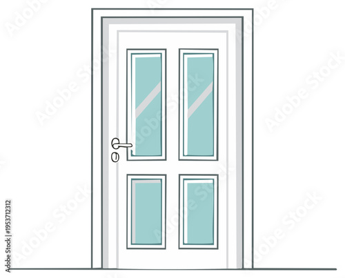 Clean line art illustration of a closed white door with four glass panels