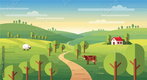 A picturesque countryside scene with a house, cow, sheep, trees
